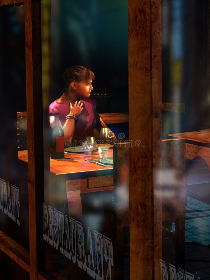 Cute woman drinking wine alone at a table of a restaurant, waiting for her accompanying person. The lights of the city at night, are reflected on the glasses of the windows. Cute woman drinking wine alone at a table of a restaurant, waiting for her accompanying person. The lights of the city at night, are reflected on the glasses of the windows.