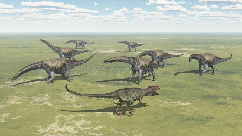Computer generated 3D illustration with the dinosaurs Giganotosaurus and Argentinosaurus. Computer generated 3D illustration with the dinosaurs Giganotosaurus and Argentinosaurus