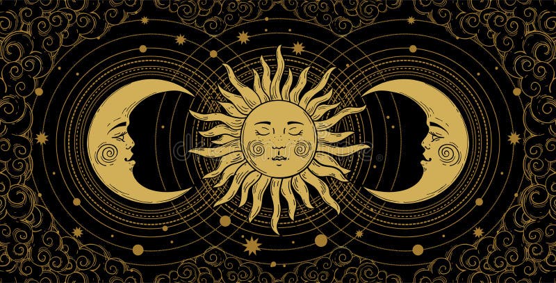 占星术、塔罗、博霍设计的神秘横幅 黑色背景中的宇宙艺术、金色新月和太阳 皇族释放例证