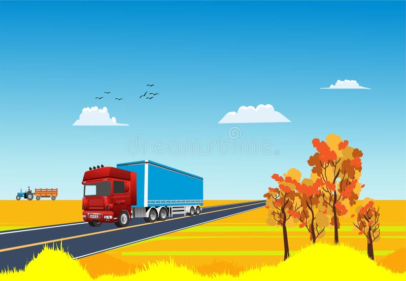 卡车在高速公路上行驶，在金色乡村景观中，在秋季季节景观中 库存照片