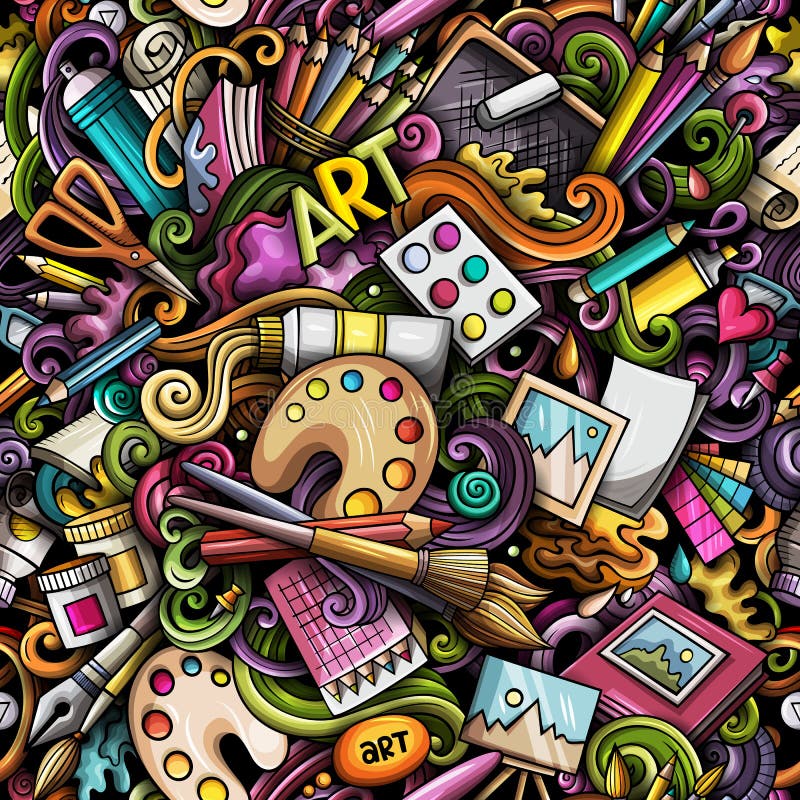 Cartoon cute doodles hand drawn Artist seamless pattern. Colorful detailed, with lots of objects background. Endless funny art illustration. Cartoon cute doodles hand drawn Artist seamless pattern. Colorful detailed, with lots of objects background. Endless funny art illustration.