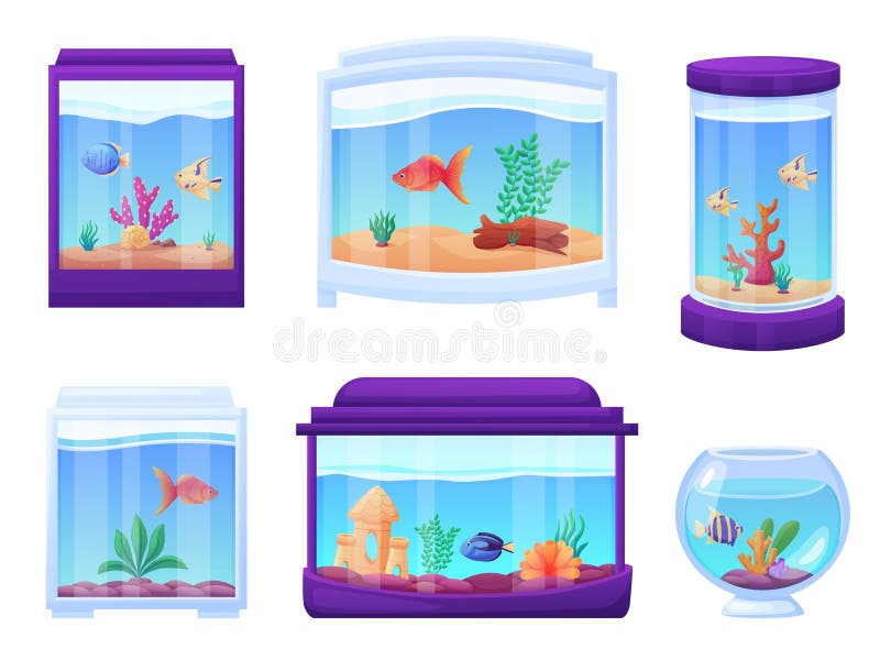 Cartoon glass aquariums. Isolated aquarium with exotic tropical fish and underwater plants, shells and wood. Home or cafe decoration, nowaday vector set of aquarium cartoon glass water illustration. Cartoon glass aquariums. Isolated aquarium with exotic tropical fish and underwater plants, shells and wood. Home or cafe decoration, nowaday vector set of aquarium cartoon glass water illustration