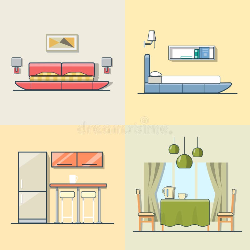 Bedroom kitchen living dining room interior indoor set. Linear multicolor stroke outline flat style vector icons. Color icon collection. Bedroom kitchen living dining room interior indoor set. Linear multicolor stroke outline flat style vector icons. Color icon collection.