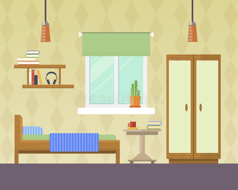 Flat design vector illustration of room interior with bed, wardrobe, window and lamp. Interior room of teenager boy or girl. Flat design vector illustration of room interior with bed, wardrobe, window and lamp. Interior room of teenager boy or girl