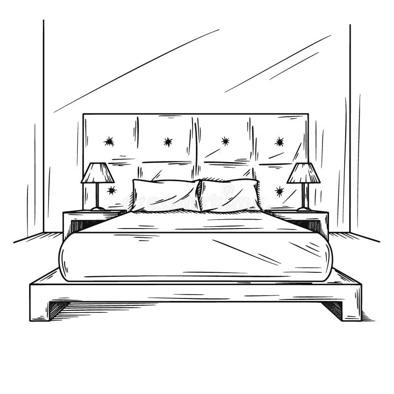 Realistic sketch of the bedroom. Hand drawn sketch of interior. Vector illustration. Realistic sketch of the bedroom. Hand drawn sketch of interior. Vector illustration