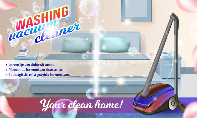 Washing Vacuum Cleaner on Background Bed in Bedroom. Detergent for Home. Cleaning Service. Set Cleaning Tools. Vector Illustration. Cleaning Realistic. Shining Surface. Cleaning Product. Clean Home. Washing Vacuum Cleaner on Background Bed in Bedroom. Detergent for Home. Cleaning Service. Set Cleaning Tools. Vector Illustration. Cleaning Realistic. Shining Surface. Cleaning Product. Clean Home.