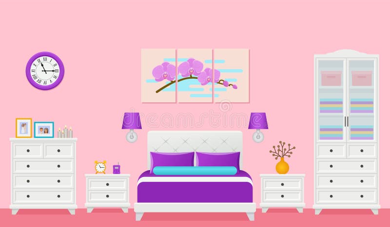 Bedroom interior. Hotel room with double bed. Vector. Home space illustration in flat design. Cartoon house equipment in modern apartment. Colorful pink violet animated background. Bedroom interior. Hotel room with double bed. Vector. Home space illustration in flat design. Cartoon house equipment in modern apartment. Colorful pink violet animated background.