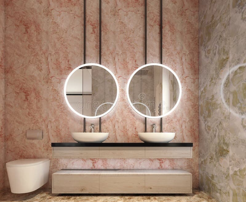 Modern interior design of bathroom vanity, all walls made of stone slabs with circle mirrors, minimalistic and clean concept, 3d rendering. Modern interior design of bathroom vanity, all walls made of stone slabs with circle mirrors, minimalistic and clean concept, 3d rendering