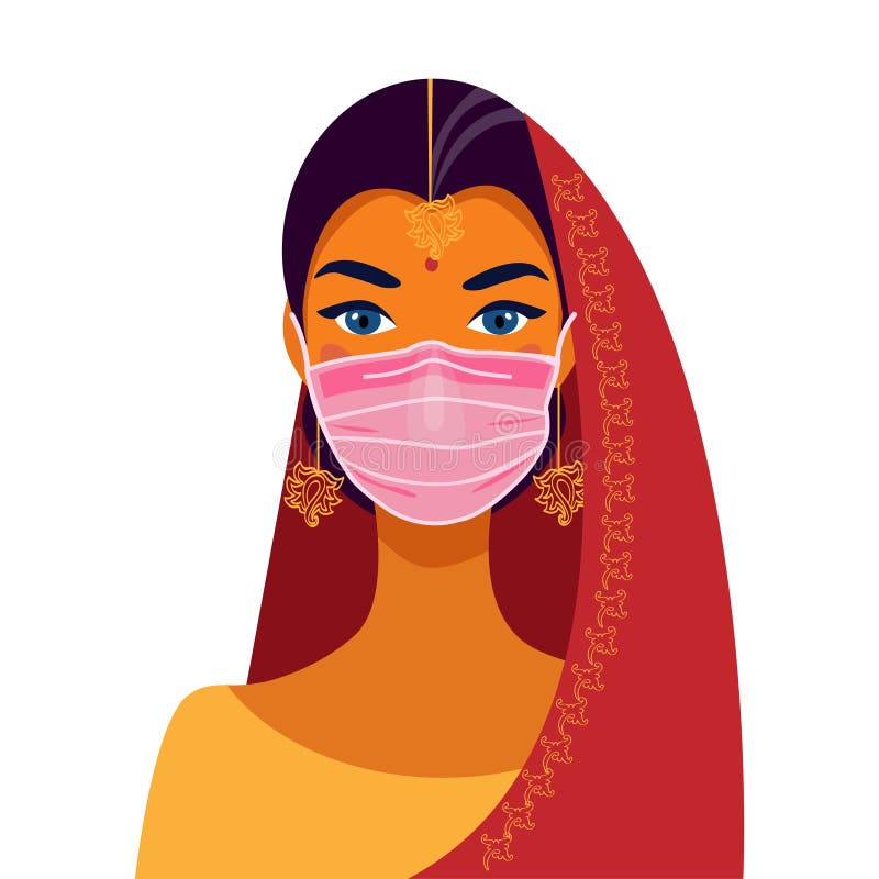Indian woman in traditional dress and face mask. Portrait of a beautiful girl. Avatar. Face. Vector flat illustration.Safety during an epidemic. Coronovirus. Indian festival icon. Indian woman in traditional dress and face mask. Portrait of a beautiful girl. Avatar. Face. Vector flat illustration.Safety during an epidemic. Coronovirus. Indian festival icon.