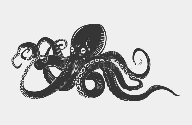 Black danger cartoon octopus characters with curling tentacles swimming underwater, on white. Tattoo or pattern on a t-shirt, poster or logo, vector illustration eps 10. Black danger cartoon octopus characters with curling tentacles swimming underwater, on white. Tattoo or pattern on a t-shirt, poster or logo, vector illustration eps 10