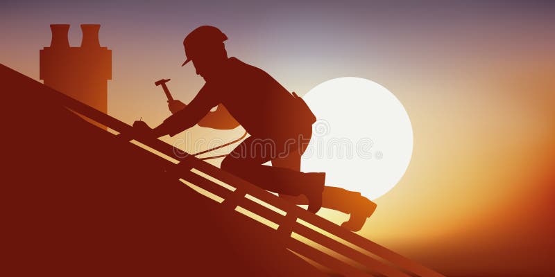 Building tradesman with a roofer on the roof of a house laying tiles, squatting on a frame he works under an overwhelming heat. Building tradesman with a roofer on the roof of a house laying tiles, squatting on a frame he works under an overwhelming heat.