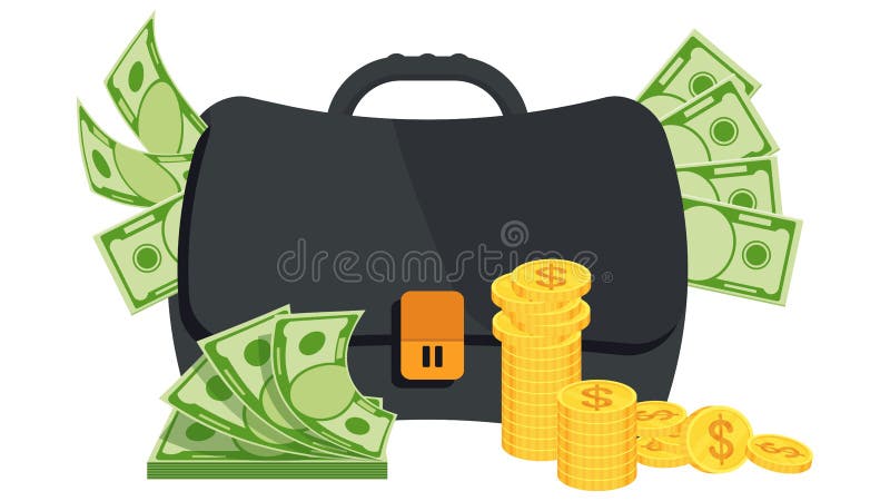 Thick swollen male black briefcase with money. Banker and businessman, financial success. Flat vector cartoon illustration on white background. Thick swollen male black briefcase with money. Banker and businessman, financial success. Flat vector cartoon illustration on white background.