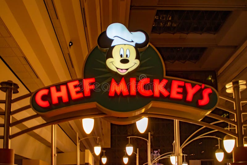 Orlando, Florida. April 23, 2019. Top view of Chef Mickey`s restaurant sign in Contemporary Resort at Walt Disney World  area. Orlando, Florida. April 23, 2019. Top view of Chef Mickey`s restaurant sign in Contemporary Resort at Walt Disney World  area.