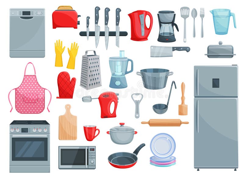 Kitchen utensil, kitchenware and home appliances icons. Vector set of refrigerator, dishwasher or microwave oven and mixer, grater or frying pan and saucepan, dishware ladle spoon and rolling pin. Kitchen utensil, kitchenware and home appliances icons. Vector set of refrigerator, dishwasher or microwave oven and mixer, grater or frying pan and saucepan, dishware ladle spoon and rolling pin