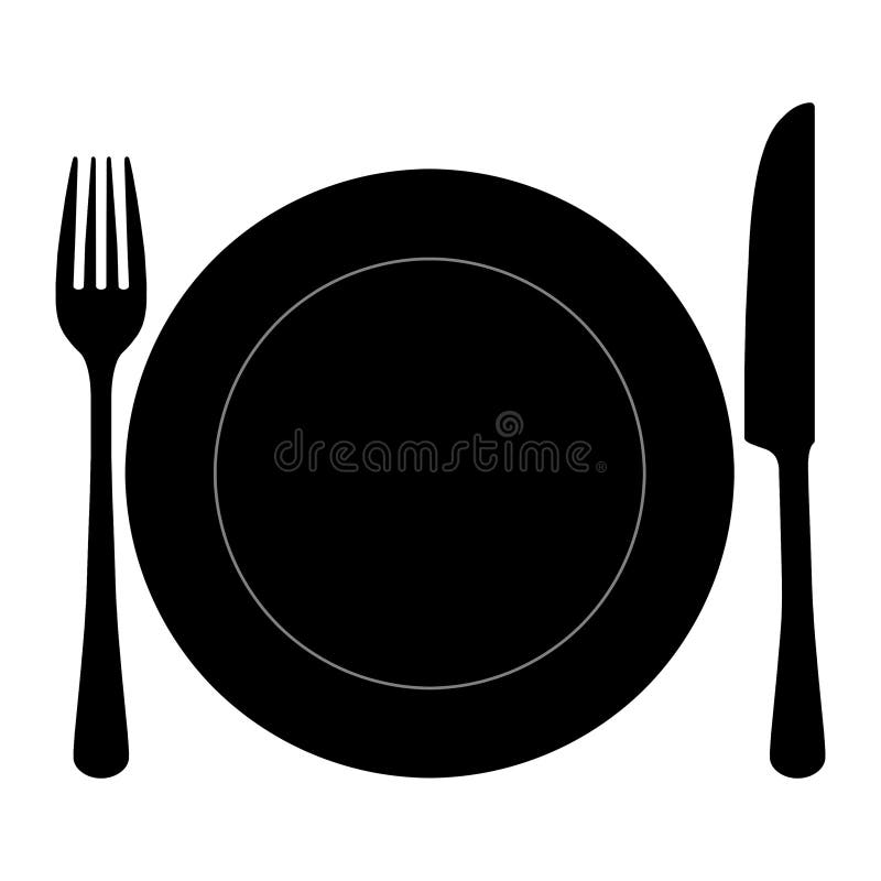 Fork knife and plate silhouette on white background. Black and white dishware. Fork knife and plate silhouette on white background. Black and white dishware