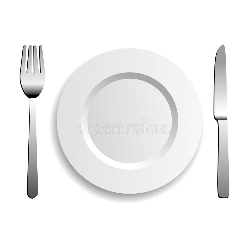 Table arrangement with a plate, a fork and a knife. Isolated on white background. Table arrangement with a plate, a fork and a knife. Isolated on white background