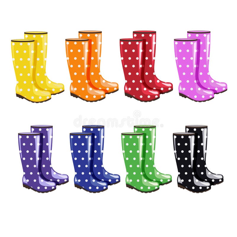 8 pairs of wellington boots on white background - polka dotted colorful boots. 8 pairs of wellington boots on white background - polka dotted colorful boots.