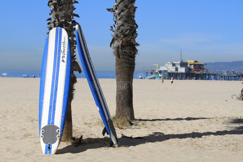 Surfboards resting against trunk of palm tree at Santa Monica beach, California. Santa Monica peer at the background. Leisurely holiday mood. Surfboards resting against trunk of palm tree at Santa Monica beach, California. Santa Monica peer at the background. Leisurely holiday mood.