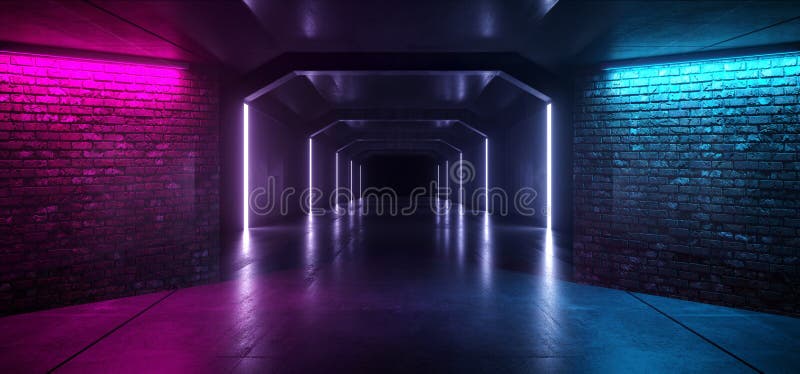 反射性霓虹发光的减速火箭的砖墙紫色蓝色阶段夜总会充满活力的走廊隧道激光展示黑暗的空的背景 库存例证 反射性霓虹发光的减速火箭的砖墙紫色蓝色阶段夜总会充满活力的走廊隧道激光展示黑暗的空的背景 库存例证