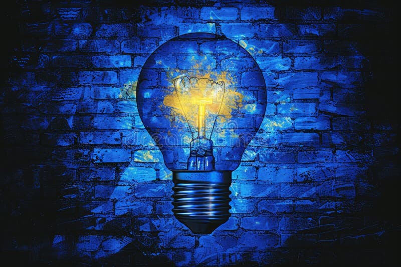发光灯泡在蓝砖墙上的新理念创意与创新 库存例证