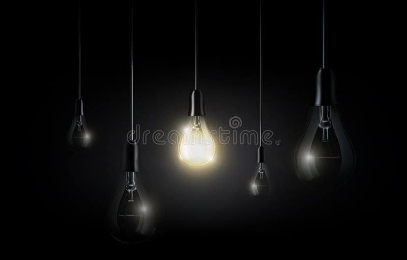 发光的电灯泡垂悬在深黑色背景， copyspace，透明传染媒介的很多被关闭的电灯泡之间 皇族释放例证