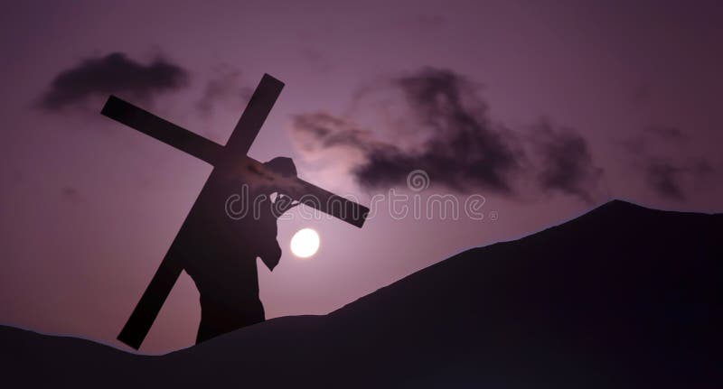 Christ carrying cross up Calvary on Good Friday over bright sky. Christ carrying cross up Calvary on Good Friday over bright sky