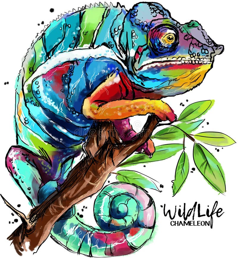 Rainbow chameleon sitting on a branch watercolor painting. Rainbow chameleon sitting on a branch watercolor painting