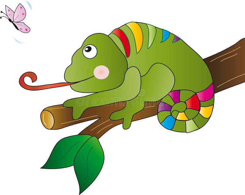 Illustration of a colorful chameleon who takes a butterfly. Illustration of a colorful chameleon who takes a butterfly