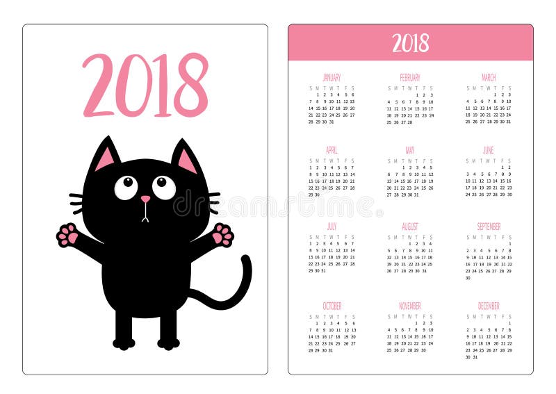 口袋日历2018年 星期星期天开始 查寻的恶意嘘声准备好拥抱 张开手爪子 到达为拥抱的全部赌注 向量例证 口袋日历2018年 星期星期天开始 查寻的恶意嘘声准备好拥抱 张开手爪子 到达为拥抱的全部赌注 向量例证