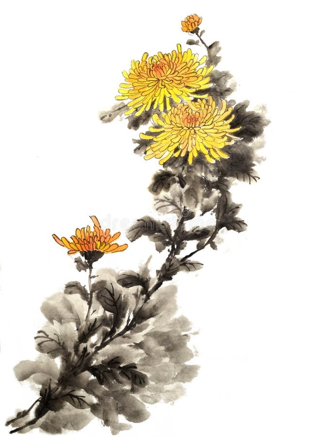 古代中国传统手刷和水墨画菊花: 吉祥花库存图片. 图片包括有韩国