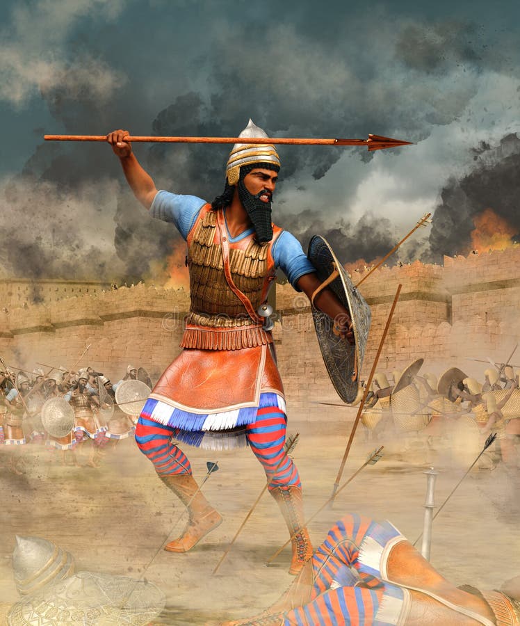 Assyrian infantry warrior, with spear and shield, part of an Assyrian army attacking  ancient Egyptian city walls, 3d render. Assyrian infantry warrior, with spear and shield, part of an Assyrian army attacking  ancient Egyptian city walls, 3d render