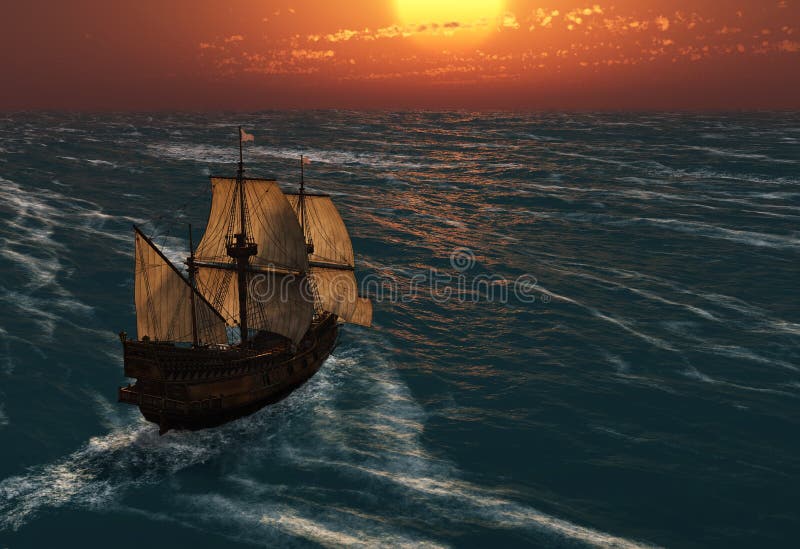 Ancient sailing ship at sunset, 3d. Ancient sailing ship at sunset, 3d