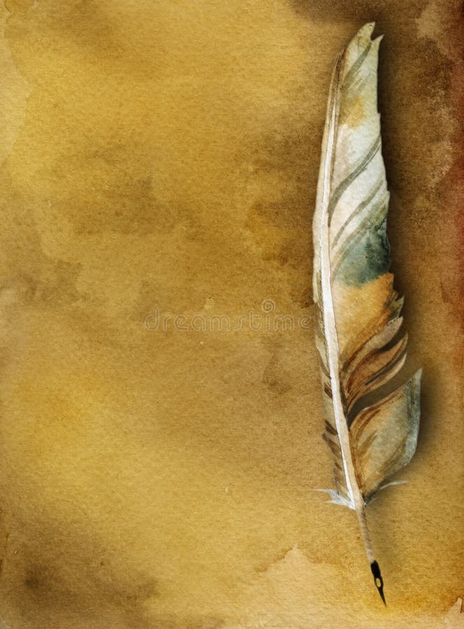 Watercolor ancient card with feather pen on yellow background. Watercolor ancient card with feather pen on yellow background