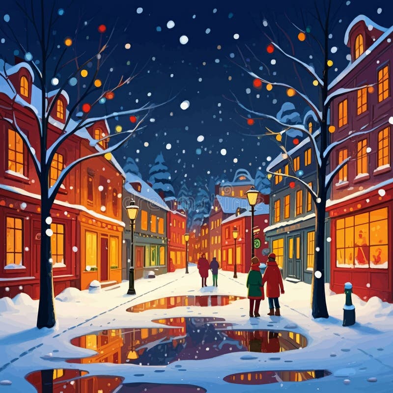 古色古香小镇的雪夜景. 街边的红橙色建筑 皇族释放例证