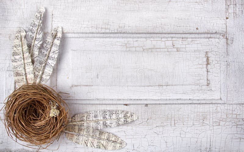 纸质羽毛和鸟巢在古董面板上 库存图片