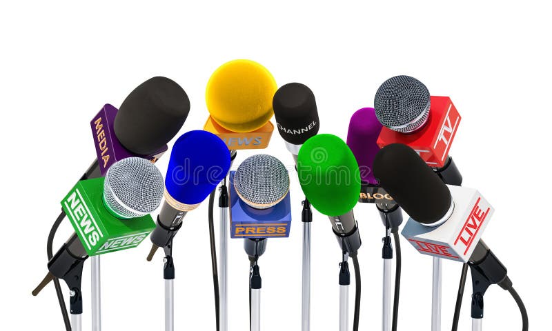 Microphones of different mass media, radio, tv and press for press conference or interview. 3D. Microphones of different mass media, radio, tv and press for press conference or interview. 3D
