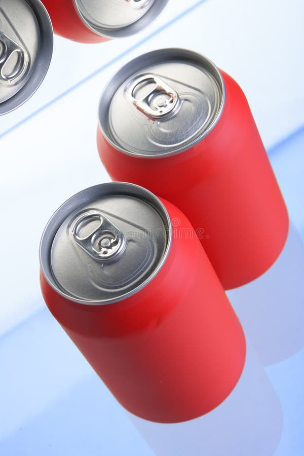 Red drink cans close up in fridge. Red drink cans close up in fridge