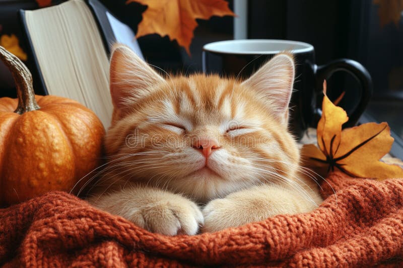 可爱的姜猫舒服地睡在热毯里，上面有咖啡和一本背景书 向量例证