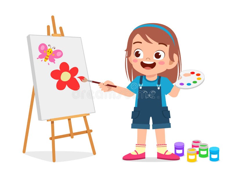 happy cute little kid girl draw on canvas. happy cute little kid girl draw on canvas