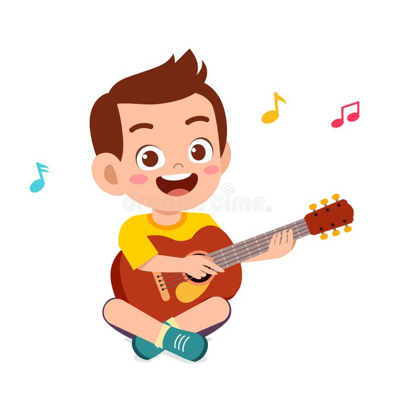 happy cute little kid boy play guitar. happy cute little kid boy play guitar