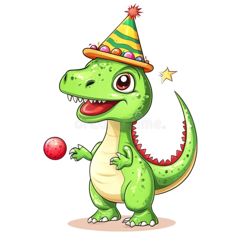 可爱的恐龙戴着一顶圆球帽，在红球生日的同时 免版税库存图片