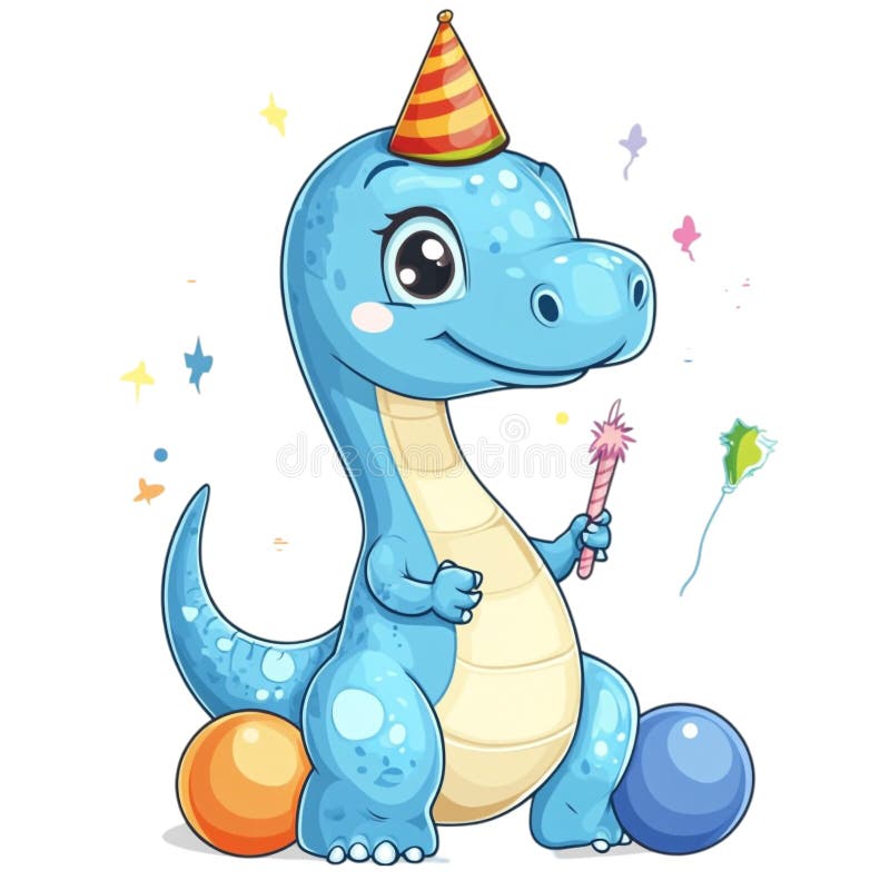 可爱的蓝恐龙，戴着聚会帽气球和弹花琴庆祝生日 库存照片