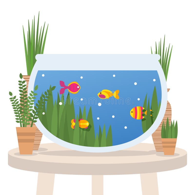 Fish swimming in a tabletop aquarium, flat style vector illustration. Interior design, aquatic pets for home or office and plants in flower pots. Cute small cartoon fish. Fish swimming in a tabletop aquarium, flat style vector illustration. Interior design, aquatic pets for home or office and plants in flower pots. Cute small cartoon fish