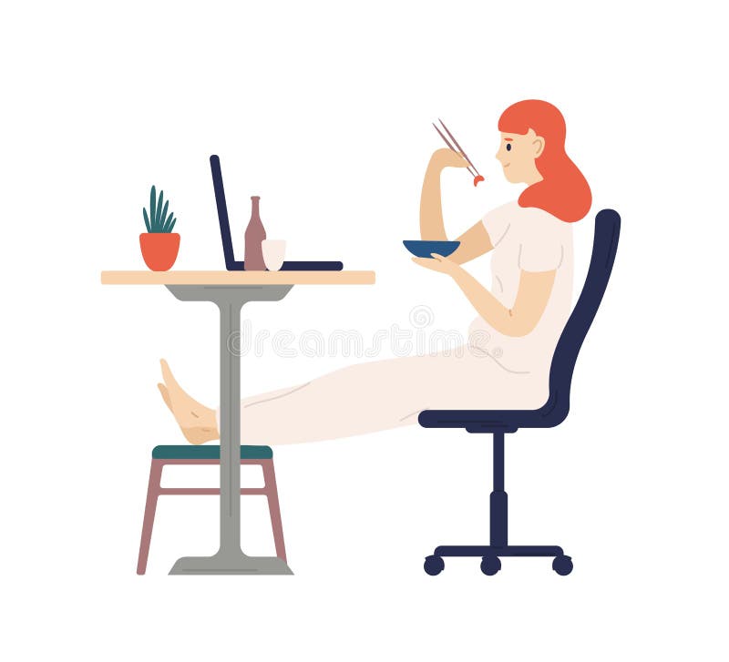 吃与筷子和电影的逗人喜爱的微笑的女孩晚餐在手提电脑 用餐在的可爱的年轻女人 向量例证 吃与筷子和电影的逗人喜爱的微笑的女孩晚餐在手提电脑 用餐在的可爱的年轻女人 向量例证