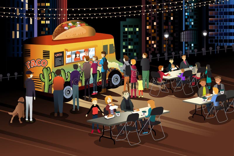 A vector illustration of People Eating Taco at Taco Truck at Night. A vector illustration of People Eating Taco at Taco Truck at Night