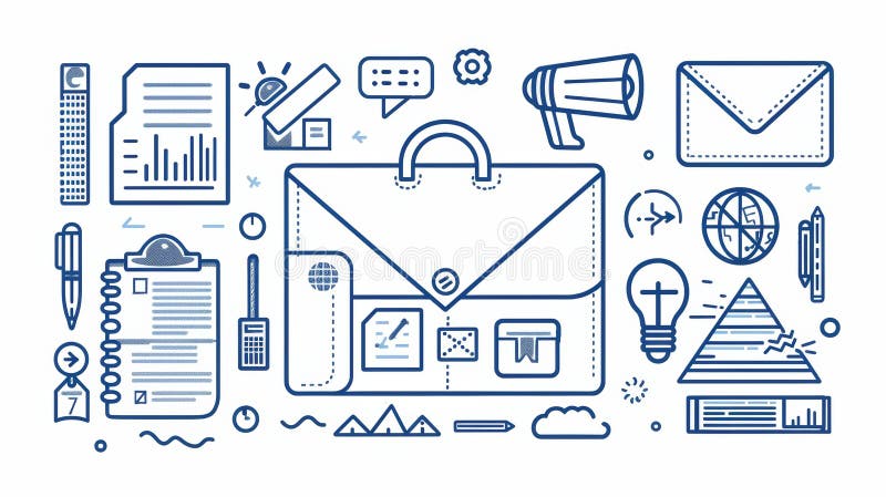 Various digital marketing icons, including a briefcase, smartphone, hand with megaphone, report, e-mail envelope, pyramid graph with magnifier, and a line art modern illustration.. AI generated. Various digital marketing icons, including a briefcase, smartphone, hand with megaphone, report, e-mail envelope, pyramid graph with magnifier, and a line art modern illustration.. AI generated