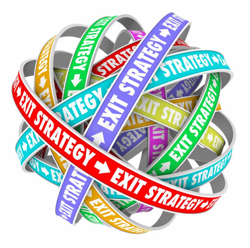 Exit Strategy words on colored spiral ribbons in endless confusing cycle showing way out of a contract or marriage. Exit Strategy words on colored spiral ribbons in endless confusing cycle showing way out of a contract or marriage