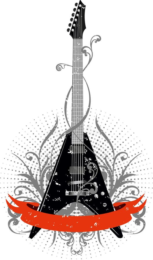 Vector image guitar with pattern and red ribbon. Vector image guitar with pattern and red ribbon