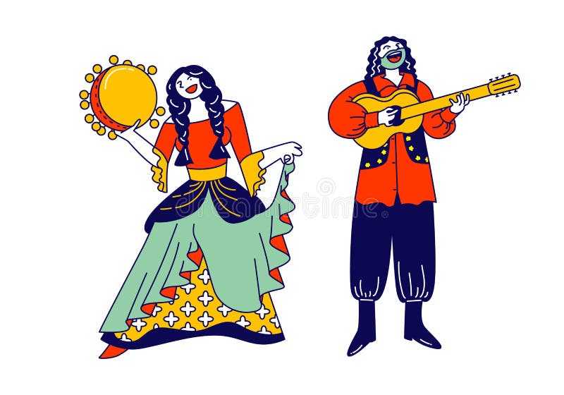 吉普赛夫妇穿民族服饰舞吉他和铃鼓 流浪者文化，公平假日