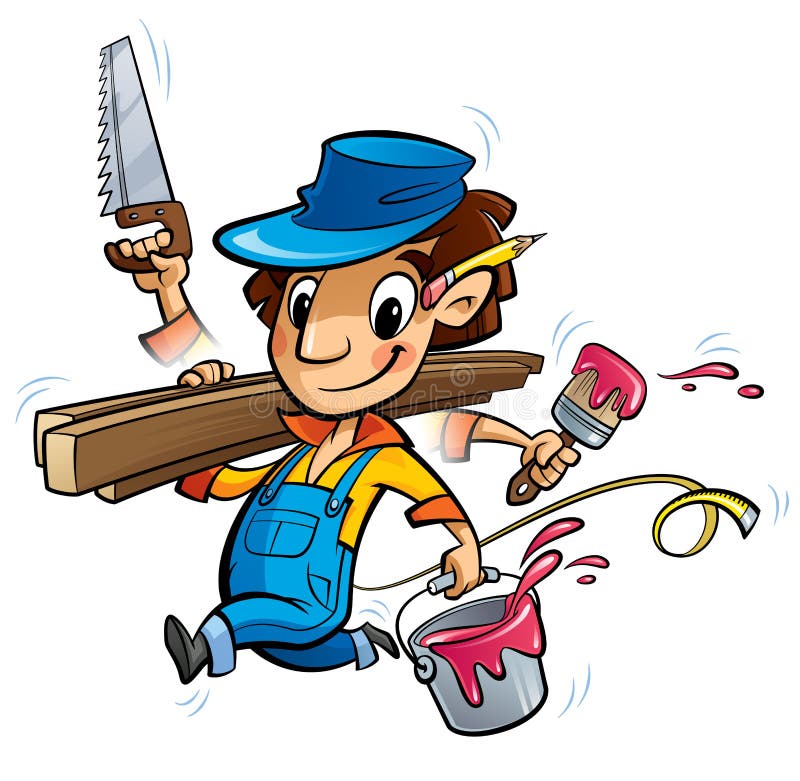 Cartoon man worker in blue uniform and hat doing simultaneously many jobs holding brush paint bucket woods and saw. Cartoon man worker in blue uniform and hat doing simultaneously many jobs holding brush paint bucket woods and saw